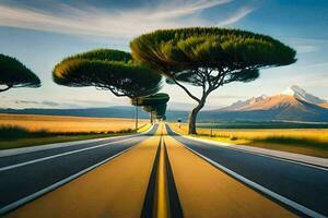 a road with trees and mountains in the background. AI-Generated photo