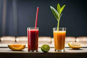 two glasses of juice with a green plant in the middle. AI-Generated photo