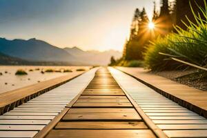 a wooden walkway leading to a lake with mountains in the background. AI-Generated photo