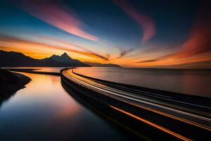 a long exposure photograph of a road and water. AI-Generated photo