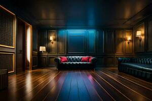 a dark room with leather couches and a fireplace. AI-Generated photo