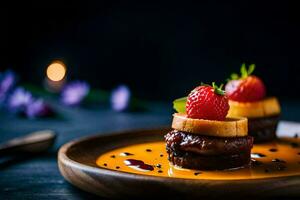 a plate with dessert and strawberries on it. AI-Generated photo