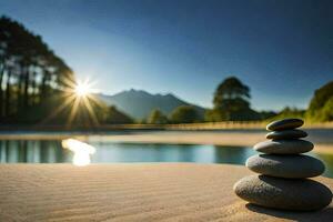 a stack of stones sits on the sand near a lake. AI-Generated photo