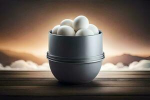 eggs in a metal container on a table. AI-Generated photo