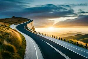 a winding road with the sun setting behind it. AI-Generated photo