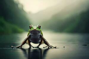 un rana sentado en el borde de un lago. generado por ai foto