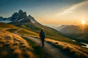 a man walking on a path in the mountains. AI-Generated photo