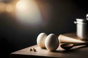 two eggs sit on a table next to a pot and spoon. AI-Generated photo