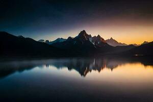 el montañas son reflejado en el agua a puesta de sol. generado por ai foto