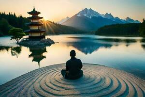 a man meditating in front of a lake and mountains. AI-Generated photo