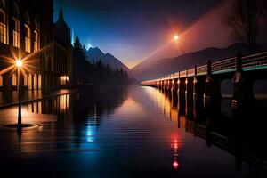 a bridge over a river at night with a moon in the sky. AI-Generated photo