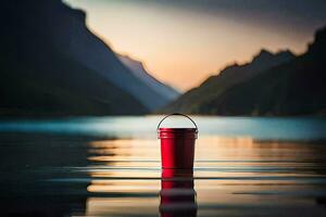 a red bucket sits on the water in front of mountains. AI-Generated photo