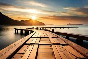 a wooden pier stretches out into the ocean at sunset. AI-Generated photo