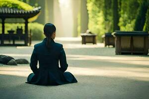 a woman in a black suit sits on the ground in front of a garden. AI-Generated photo