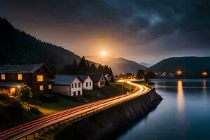 a long exposure photo of a road and a lake at night. AI-Generated