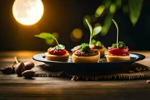 small appetizers on a plate with a light. AI-Generated photo