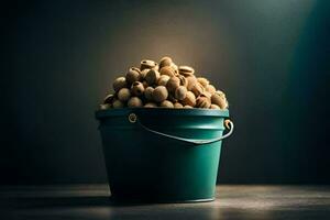 a bucket full of peanuts on a dark table. AI-Generated photo