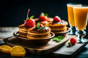 pancakes with strawberries and orange juice on a wooden table. AI-Generated photo