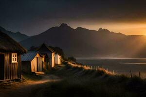 the sun sets over a small village and a path leading to a beach. AI-Generated photo