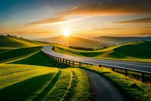 the sun rises over a winding road in the hills. AI-Generated photo