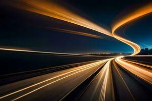 ligero caminos en un autopista a noche. generado por ai foto