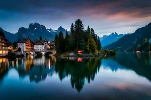 un lago y montañas a oscuridad. generado por ai foto