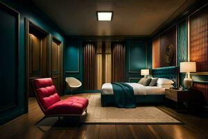 a bedroom with a blue wall, wooden floors and a red chair. AI-Generated photo