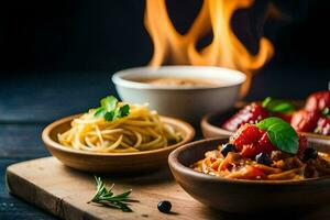 espaguetis, albóndigas, y salsa en bochas en un de madera mesa. generado por ai foto