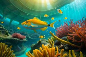 a fish swimming in an underwater scene with coral reefs and fish. AI-Generated photo