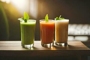 three different juices in glasses on a table. AI-Generated photo