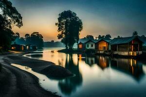 a river at sunset with houses on the shore. AI-Generated photo