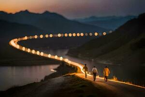 people walking along a road at dusk with lights on the road. AI-Generated photo