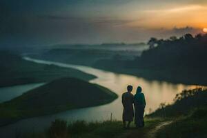 the couple is standing on the edge of a hill overlooking a river. AI-Generated photo