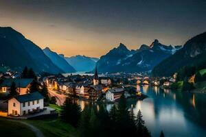 el pueblo de Suiza a oscuridad. generado por ai foto