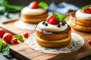 three mini cakes with strawberries and cream on a wooden board. AI-Generated photo