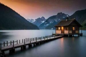 a small cabin sits on a dock in the middle of a lake. AI-Generated photo