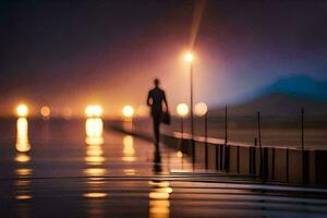 un persona caminando en un muelle a noche con luces. generado por ai foto