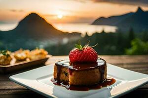 a dessert with strawberries and a view. AI-Generated photo