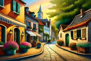 an illustration of a street in a village. AI-Generated photo