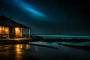 a hut on the beach at night with stars in the sky. AI-Generated photo