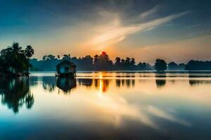 a small house on the water at sunset. AI-Generated photo