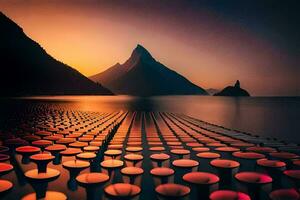 a sunset over a lake with many red cups. AI-Generated photo