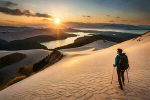 a man with a backpack hiking on a sand dune at sunset. AI-Generated photo