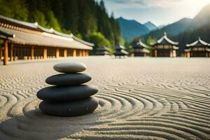 a stack of stones in the sand with mountains in the background. AI-Generated photo