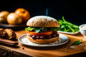 a hamburger with vegetables and bread on a wooden table. AI-Generated photo