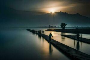 people walk along a pier in the middle of a lake at sunrise. AI-Generated photo