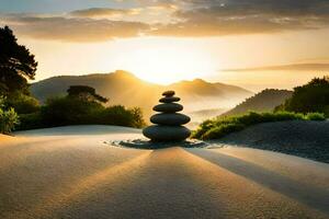 a stack of rocks in the sand at sunset. AI-Generated photo