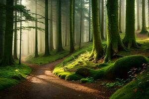 un camino mediante un verde bosque con cubierto de musgo arboles generado por ai foto