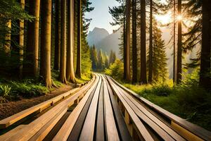 a wooden walkway in the forest with trees and sun. AI-Generated photo