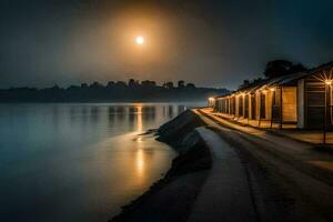 a moonlit lake with a row of wooden huts. AI-Generated photo